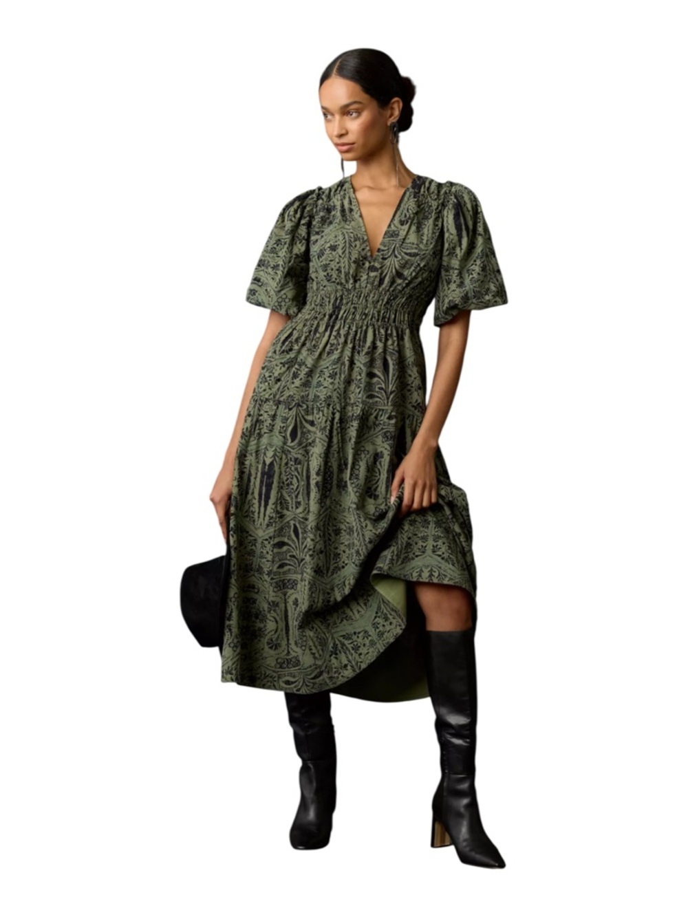 Pilcro Corduroy Ruched Green Printed Puff Sleeve Midi Dress Sz. XL